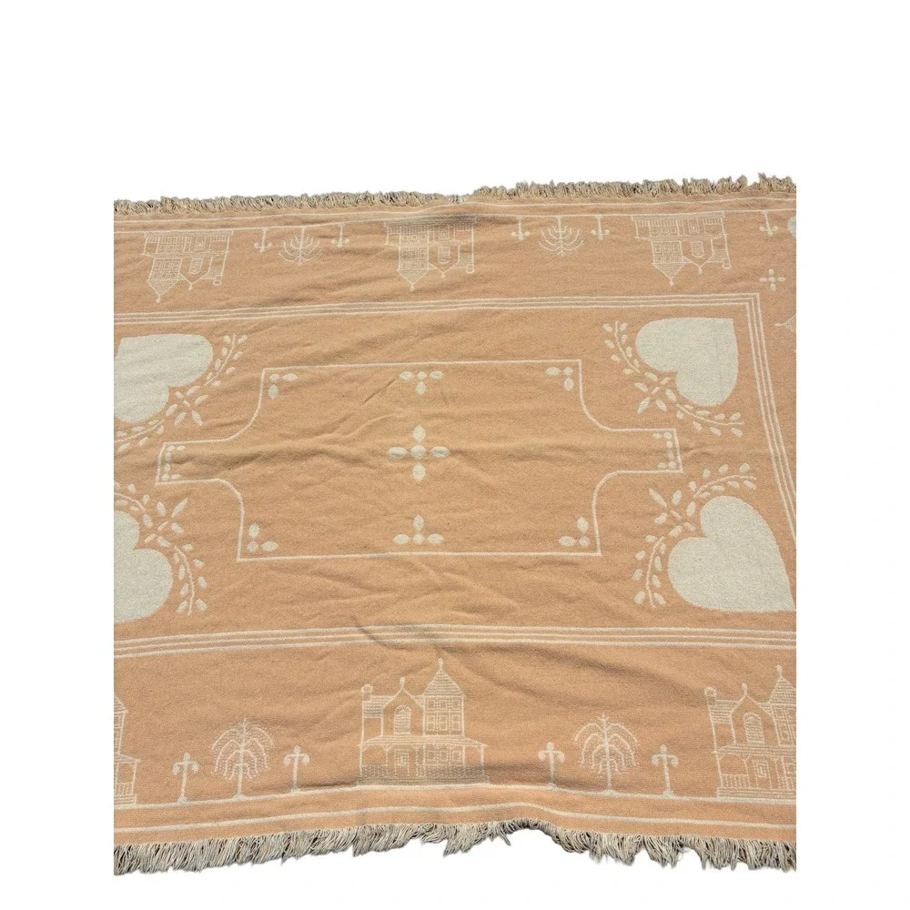 Vintage 1990 Tapestry Throw Cottagecore Peach Cream Houses Hearts Granny Mom